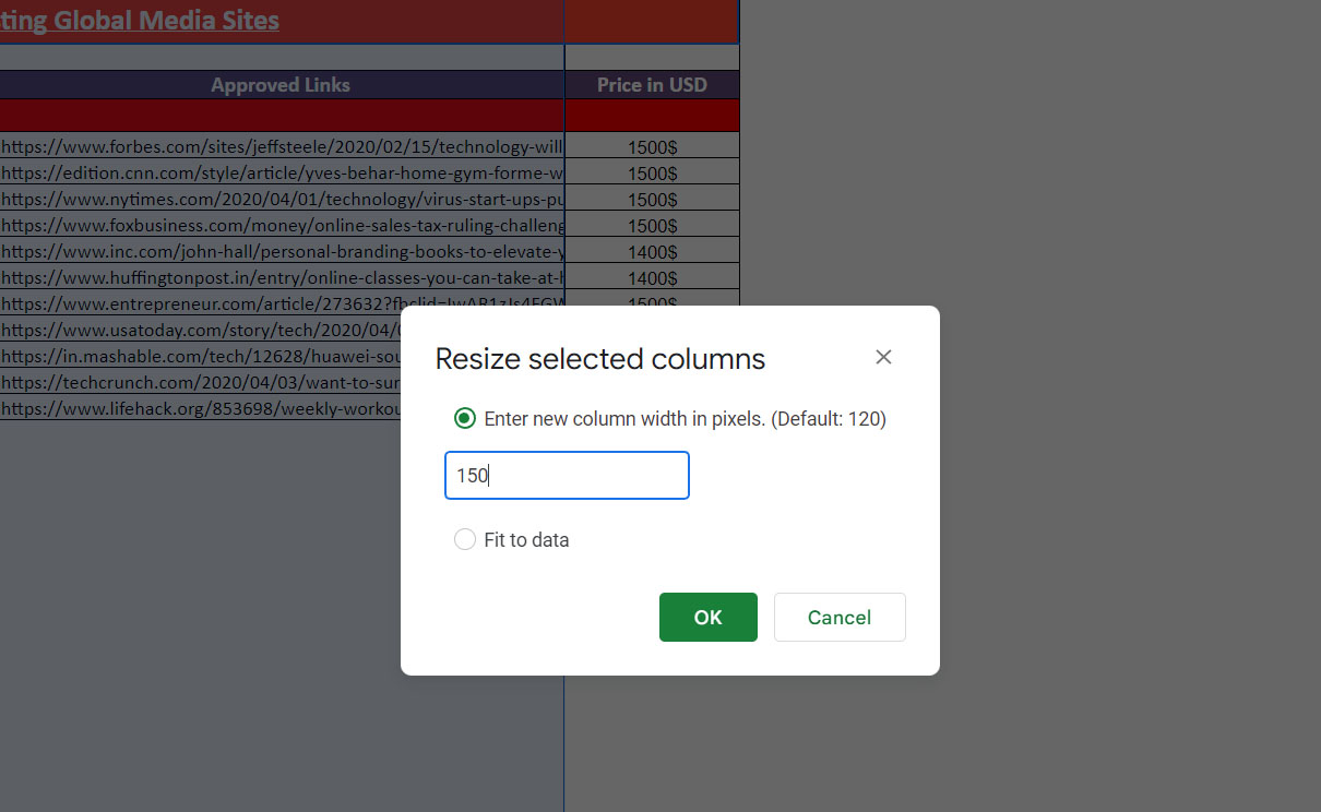 resize selected columns option in Google Sheet