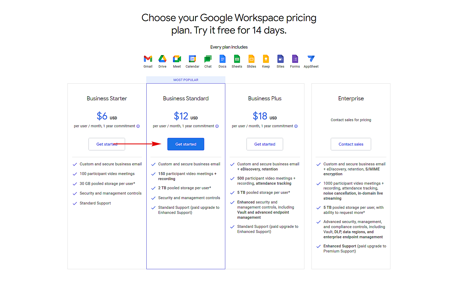 choose google workspace pricing plan page