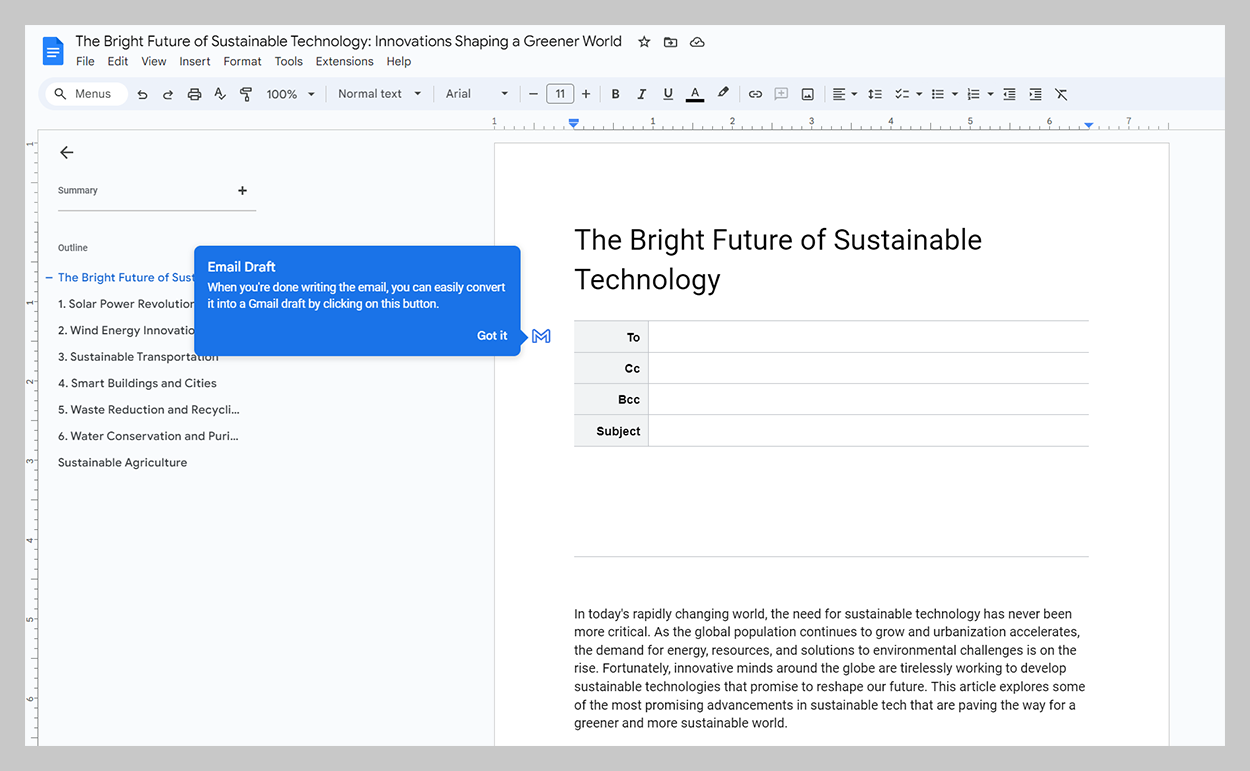 email draft in google docs with google workspace
