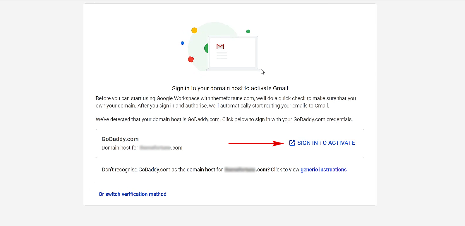 sign in to domain host to activate gmail