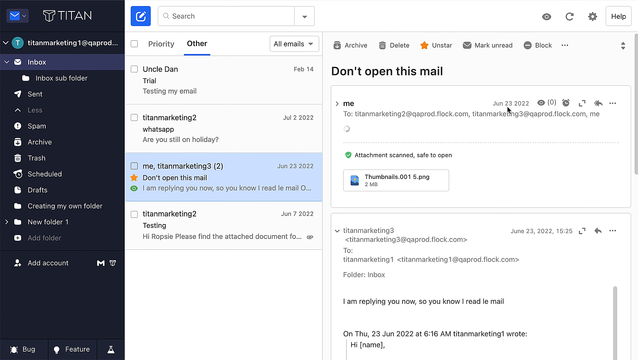 titan mail inbox interface