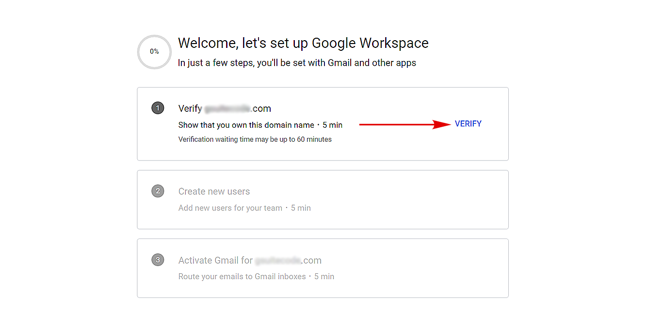 verify google workspace domain name page